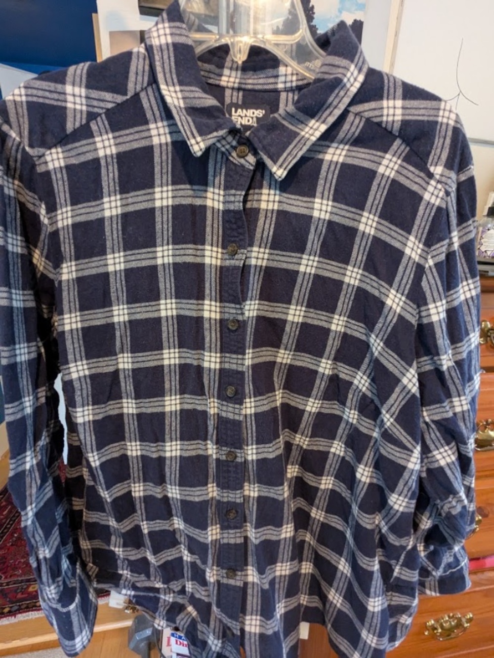 Land's End Flannel Plaid Blouse, Blue & White, Women's 2x